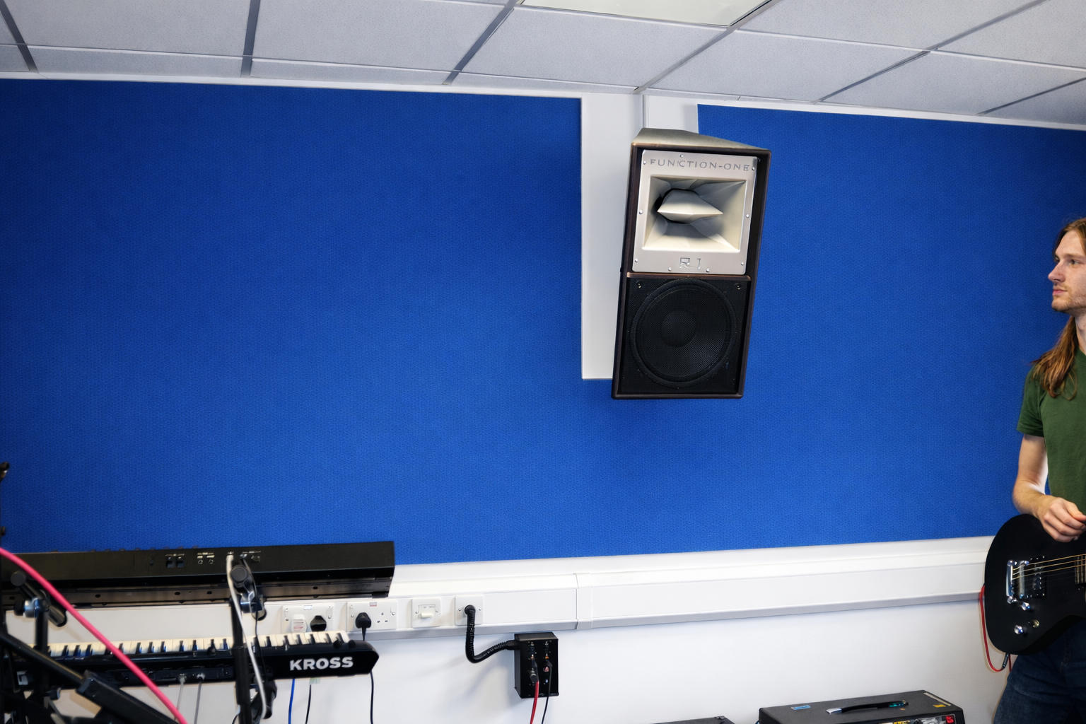 Fabric acoustic wall panels installed in a recording studio