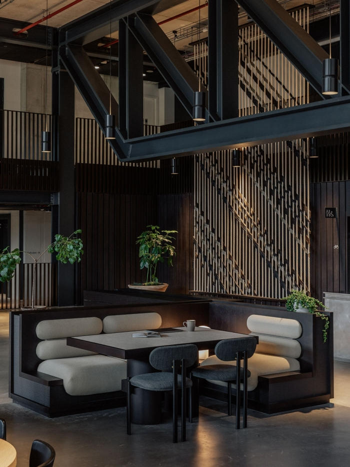Timber slatted acoustic treatment in a hospitality interior