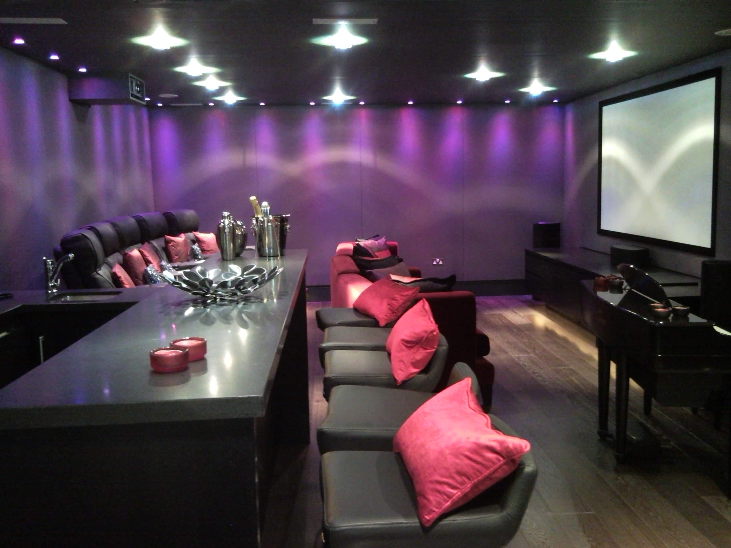 Fabric acoustic wall panels installed in a private home cinema