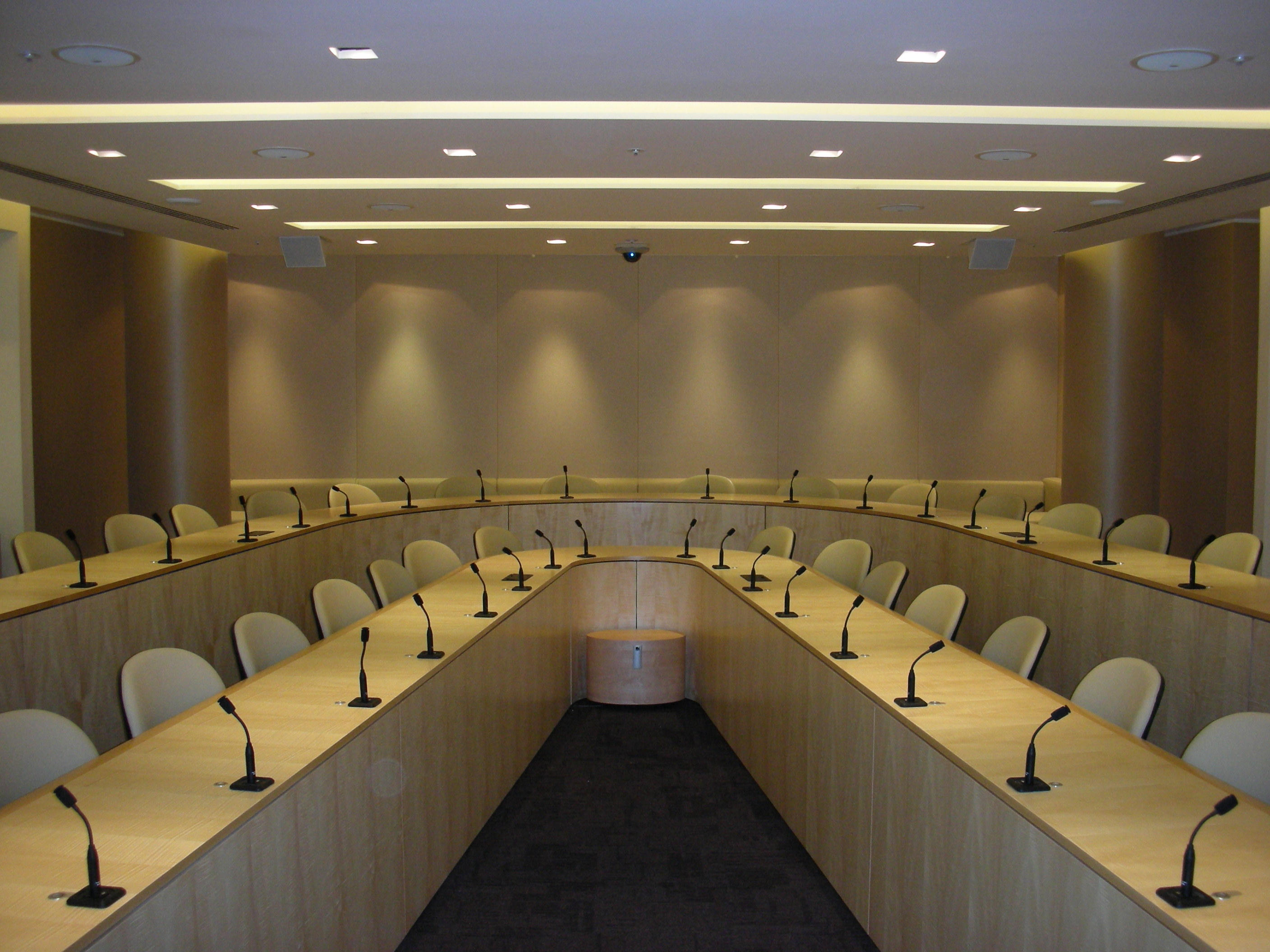Fabric acoustic wall panels installed in a corporate boardroom